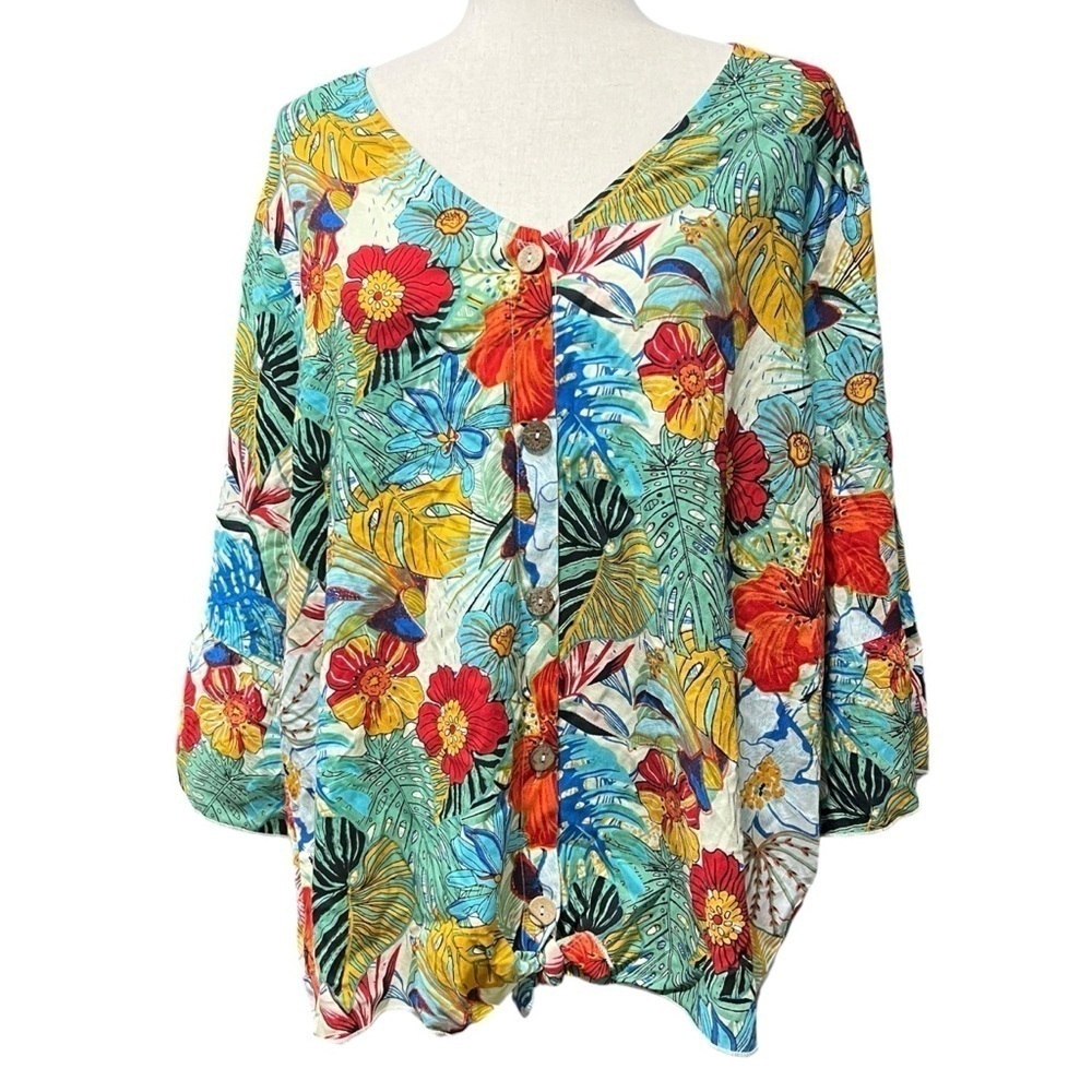 Mirror Image Floral Tropical Multicolor V Neck Bell Sleeve Wood Button Size 2X*